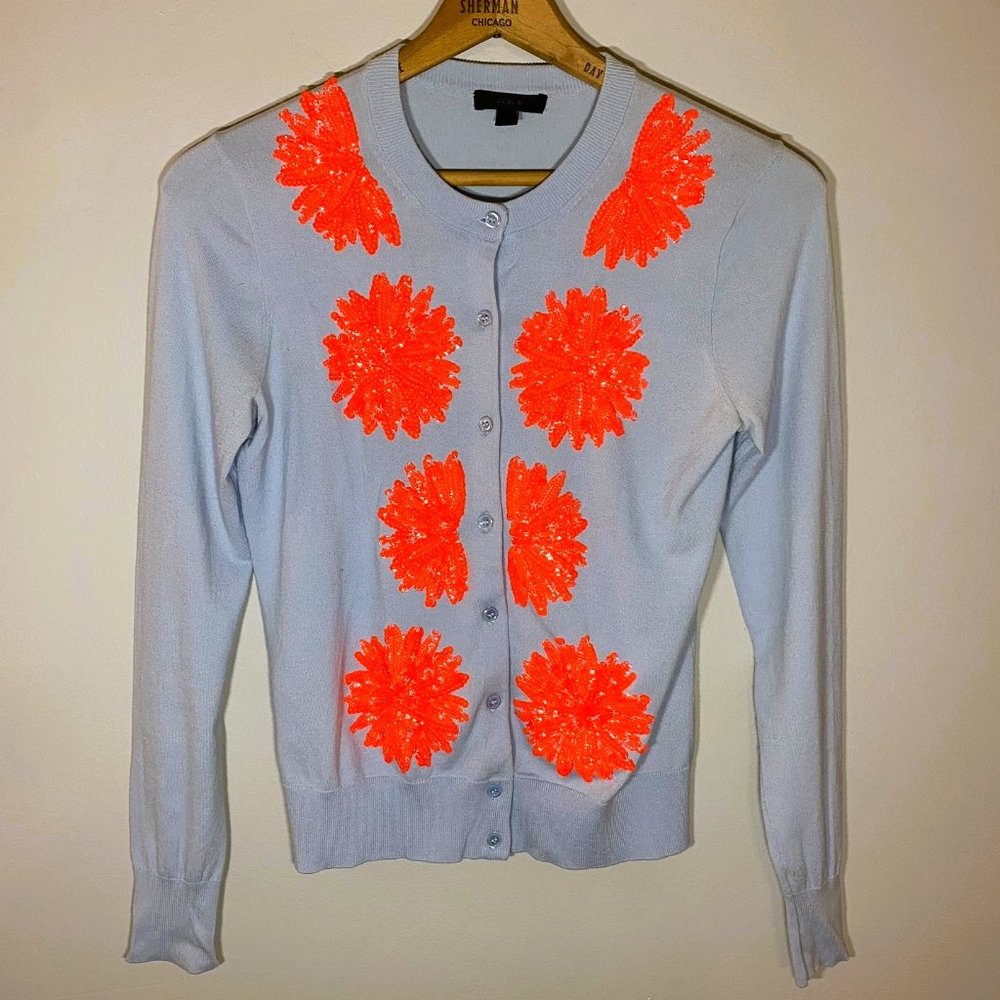 J. Crew Light Blue Jackie Cardigan w/ Neon Orange Sequin Flowers